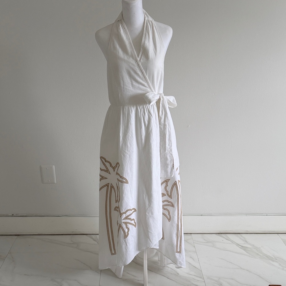 INC International Concepts White Asymmetrical Palm-Embroidered Midi Dress - Picture 3 of 7